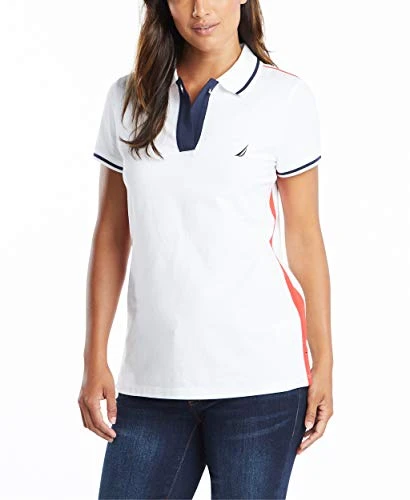 Women's Toggle Accent Short Sleeve Soft Stretch Cotton Polo Shirt, Bright White, Small