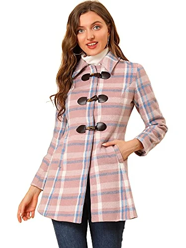 Women's Toggle Outerwear Classic Turn Down Collar Plaid Duffle Front Coat Pink Blue XL