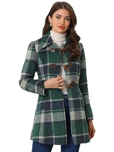 Women's Toggle Outerwear Turn Down Collar Winter Plaid Duffle Coat, Green, XS