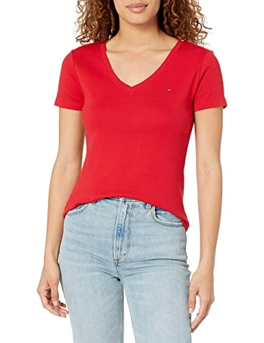 Women's Tommy Hifliger V-Neck Flag Tee T-Shirt, Scarlet, S