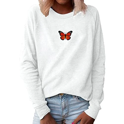 Women's Top Small Butterfly Print Sweatshirt Crewneck Womens Long Sleeve T Shirts Raglan Sleeves Pullover White