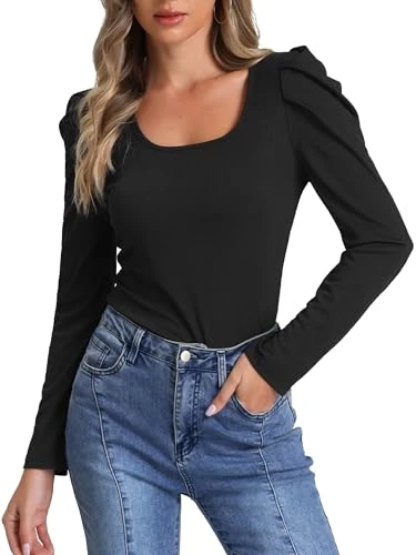 Women's Top with Puff Sleeves, Square Neck, Long Sleeves, Casual, Basic, Ribbed Tunic Blouse, black,