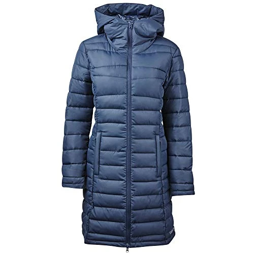 Womens Topaz Long Line Coat Jacket Navy - Over sized metal badge features on the hood - Zip closure side