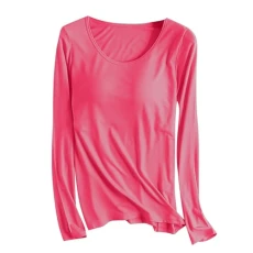 Womens Tops Built in Bra Long Sleeve Top Solid Soft Pajama T Shirts Homewera Baggy Round Neck Blouse Basic Pullover Workout Yoga Tee Shirts Plus Size M-4XL Clearance