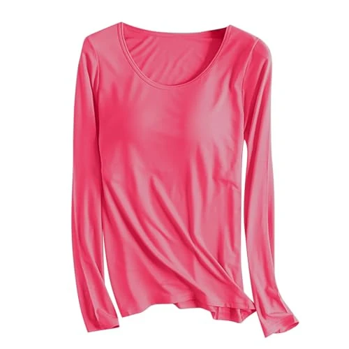 Womens Tops Built in Bra Long Sleeve Top Solid Soft Pajama T Shirts Homewera Baggy Round Neck Blouse Basic Pullover Workout Yoga Tee Shirts Plus Size M-4XL Clearance