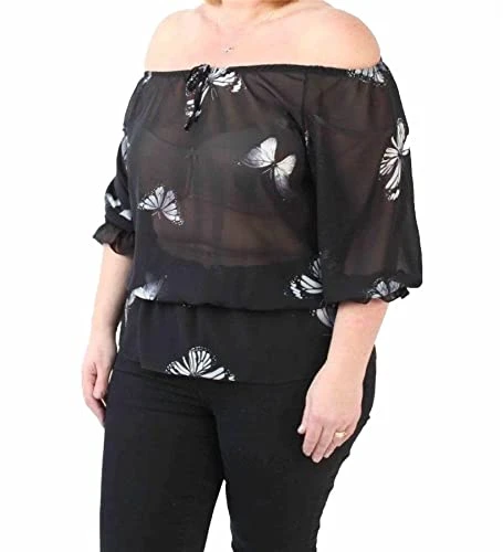 Womens Tops Butterfly Print Chiffon Plus Size Ladies Tops Summer Gypsy Boho Sheer Evening Blouses Lo