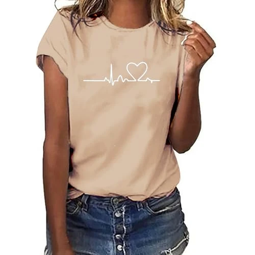 Womens Tops Casual Basic T Shirts Letter Printed Pattern Blouses Pullover Loose Fit Crewneck Short Sleeve Summer Tee Shirts Going Out Tops for Women UK Plus Size Sale