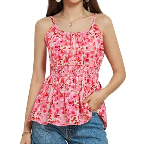 Womens Tops Casual Sleeveless Elastic Waist Adjustable Strap U Neck Top Pink S