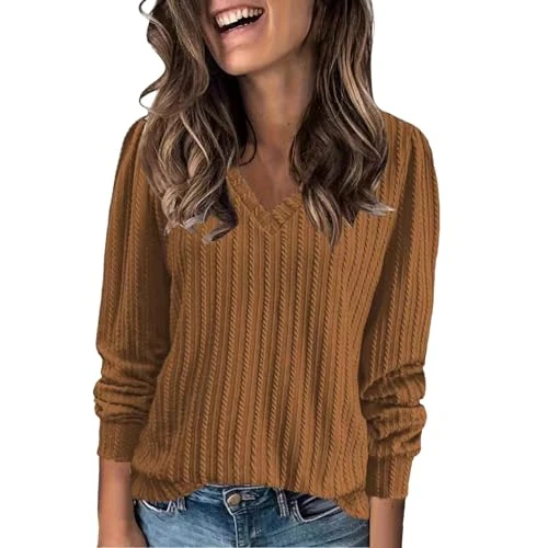 Womens Tops Casual Striped Oversized Sweaters Ribbed Long Sleeve Shirts Solid Color Pullover Jumper Lightweight Soft Casual Ladies V Neck Jumpers Loose Fit Sweater(Khaki,M)