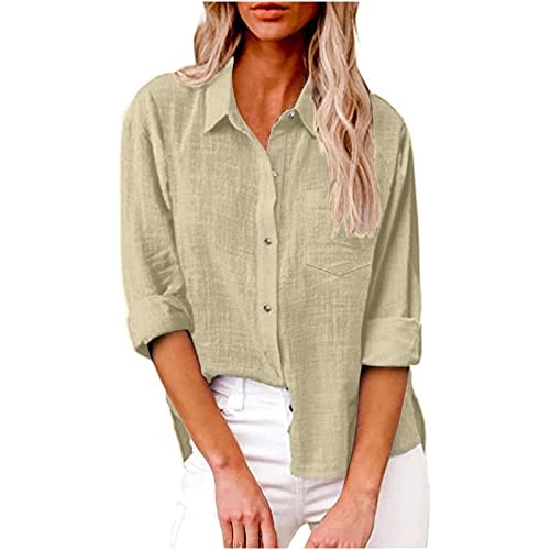 Womens Tops Dressy UK Casual Summer Button Down Cotton Linen Shirts Work Office Women Blouse and Shi