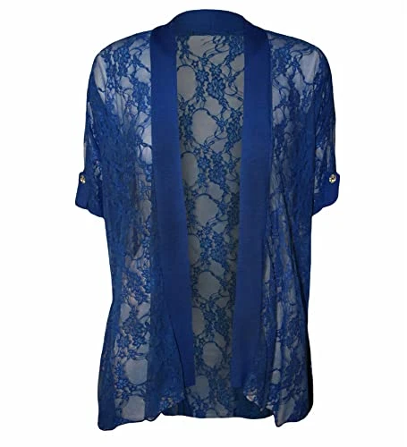 Womens Tops Floral Lace Open Front Waterfall Cardigan For Women 3/4 Buttoned Sleeves Cover Top Shrugs For Evening Dresses Tops Plus Size Going Out Tops Royal Blue 26-28