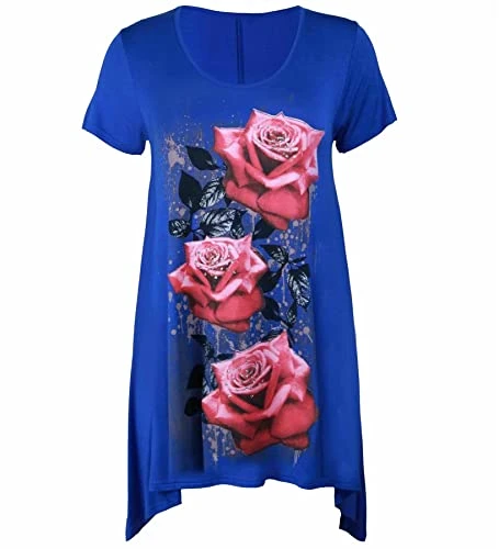 Womens Tops Glitter Rose Printed T Shirt Uneven Hanky Hem Short Sleeves ladies Tunic Tops Round Neck Womens Party Tops For Women UK Plus Size Sparkly Tops Royal Blue 18