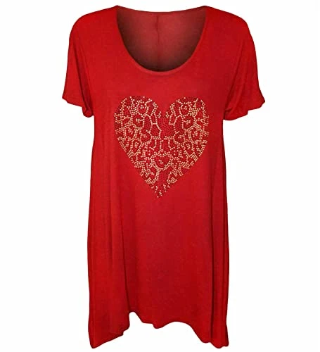 Womens Tops Leopard Print Studded Heart Short Sleeve Hanky Hem Womens Tunic Tops Ladies T Shirts Lon