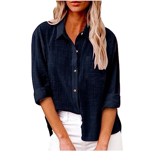 Womens Tops Long Sleeve Button Down Shirts & Blouses Plain Lapel V Neck Cotton Linen Shirt Ladies Ov