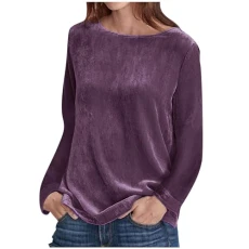 Womens Tops Long Sleeve Dressy Blouses Solid Color Velvet Pullover Elegant Tunic Top Soft Loose T Shirts Casual Crew Neck Sweatshirts Ladies Jumpers Size 8-16 Sale