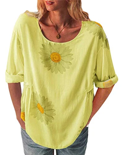 Womens Tops Long Sleeve Shirt Pullover Loose Blouse Flower Print Pattern Yellow 3XL