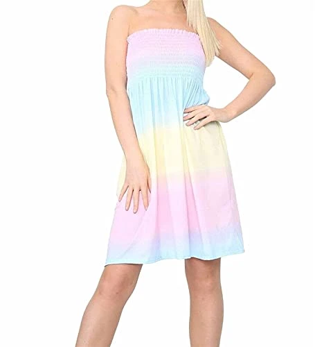 Womens Tops Rainbow Print Strapless Sheering Top Ruched Boobtube Blouse Mini Dress Plus Size Tops Ladies Evening Tops Bandeau Beach Dress Ladies Summer Dress 8-10