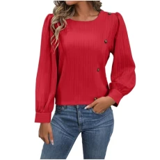 Womens Tops Size 8-16 UK Puff Long Sleeve Square Neck T Shirts Trendy Textured Fake Button Pullover Dressy Casual Tunic Blouses Business Work Shirts Going Out Tees