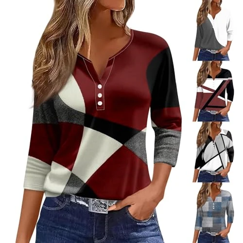 Womens Tops Trendy Folral Print Summer Tunic Workout Tops for Women UK 2024 Casual Long Sleeve Striped Tee Shirts 3 Buttons V Neck Henley Elegent Blouses