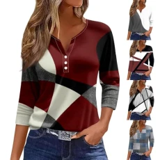 Womens Tops Trendy Folral Print Summer Tunic Workout Tops for Women UK 2024 Casual Long Sleeve Striped Tee Shirts 3 Buttons V Neck Henley Elegent Blouses