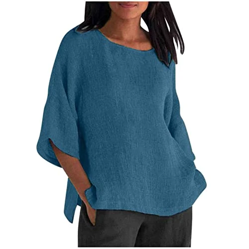 Womens Tops,Ladies Sweatshirts Women's Fashion Half Sleeve Round Neck Solid Colour Loose Casual Shirt Top Oversized T Shirts for Women Workwear Shacket 50Th Birthday Gifts for (Blue,L)