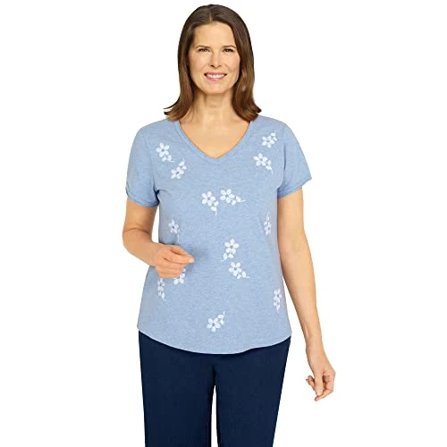 Women's Tossed Flower V-Neck Tee, Blue, S