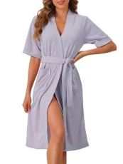 Womens Towel Robe Short Sleeve Toweling Self Tie Loose Bathrobe for After Shower with Pocket Purple M