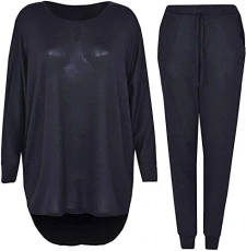Womens Track Suit 2 Piece Set Ladies Batwing Sweatshirt High Low Top Joggers Bottoms Loungewear Suit, 20-22, Black