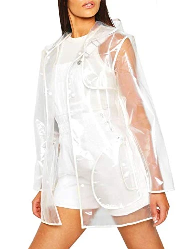 Womens Transparent Rain Mac with Pearl Trim