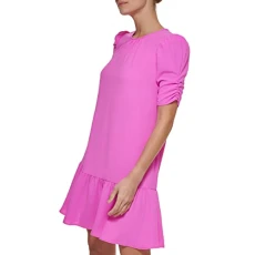 Women's Trapeze Dress with Ruched Sleeves and Ruffle Hem, Cosmic Pink, 6 Women's Trapeze Dress with Ruched Sleeves and Ruffle Hem, Cosmic Pink, 6