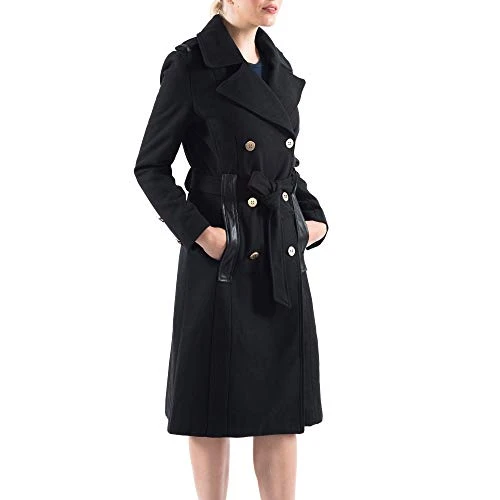 Womens Trench Coat Wool Double Breast Jacket Gold Buttons With Belt