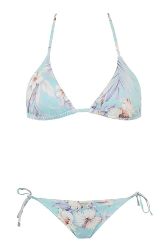 Women's Triangle and String Brazilian Floral Bikini Set, Hibiscus Print/Mint, M