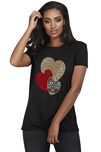 Womens Triple Heart Baggy Short Sleeve Casual Basic Tee T Shirt Top Black Plus Size (UK 16/18)