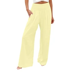 Women's Trouser High Waist Tummy Control Trousers Wide Legs Loose Fitting Pants Casual Beach Hiking Travel Elactic Hippie Pyjama Bottoms Yoga Floral Printed Trouser(K Yellow,S)