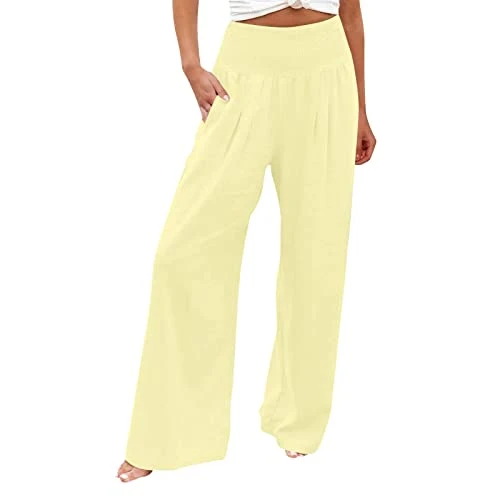 Women's Trouser High Waist Tummy Control Trousers Wide Legs Loose Fitting Pants Casual Beach Hiking Travel Elactic Hippie Pyjama Bottoms Yoga Floral Printed Trouser(K Yellow,S)
