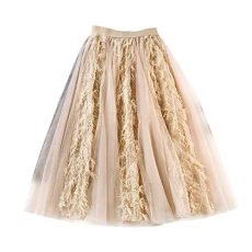 Womens Tulle Tutu A-Line Long Skirt Pleated Midi Skirts Apricot One Size