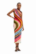 Women's Tulle Wave Midi Dress, Material Finishes, XL