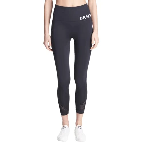 Women's Tummy Control Workout Yoga Leggings, Black Seamless Tight with White Logo, M