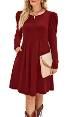 Womens Tunic Dress Pleated Ladies Gigot Long Sleeve Casual Dress with Pockets Wine Red Size 14-16 Womens Tunic Dress Pleated Ladies Gigot Long Sleeve Casual Dress with Pockets Wine Red Size 14-16