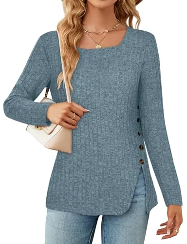 Womens Tunic Tops, Fall Knitted Square Neck Longline Slim Fitting Jumper Wool Solid Color Button Slit Sweatshirts Going Out Tops for Women UK Blue-M