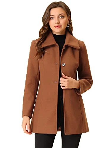 Women's Turn-Down Collar Single Breasted Slant Pockets Swing Outwear Winter Coat Brown M