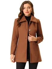 Women's Turn-Down Collar Single Breasted Slant Pockets Swing Outwear Winter Coat Brown S