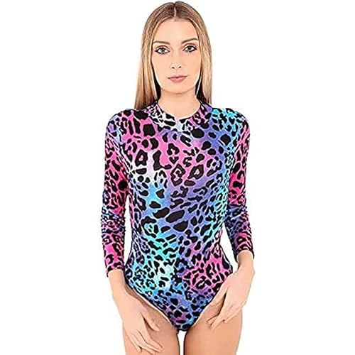 Womens Turtle Neck Bodysuit Plain Long Sleeve Ladies Stretch Leotard Top Sizes 8-10 (Neon Leopard, 8-10)