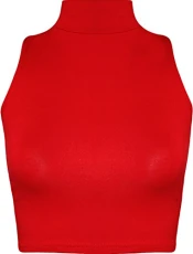 Womens Turtle Neck Crop Ladies Short Plain Sleeveless Polo Look Vest Top - Red - 8/10