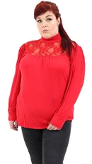 Womens Turtle Polo Neck Gathered Floral Lace Insert Long Sleeve Jumper Top Tunic 14-28 (20, Red)