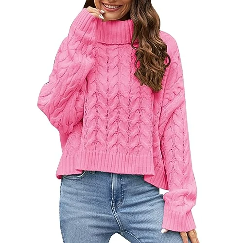 Women's Turtleneck Jumper, Plain Casual Pullover, Cardigan, Lilac, Women's Autumn Winter Warm Comfortable Pullover, pink, M