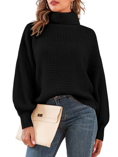 Women's Turtleneck Long Lantern Sleeve Sweater Waffle Knit Oversized Pullover Jumper Top, Black, Small