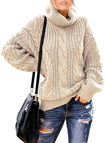 Women's Turtleneck Sweaters Loose Fitting Jumpers Twist Knitted Lanterns Long Sleeve Pullovers Off White UK 12 14