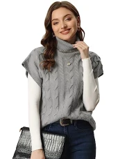 Women's Turtleneck Twist Wool Vest Sleeveless Vest Solid Color Knit Pullover Casual Sweater Gilet Grey L