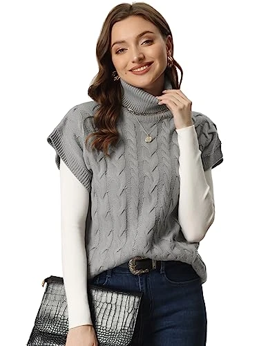 Women's Turtleneck Twist Wool Vest Sleeveless Vest Solid Color Knit Pullover Casual Sweater Gilet Grey L